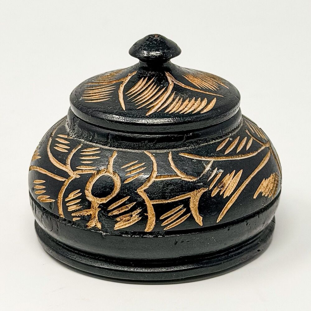 Hand Carved Haitian Floral Covered Bowl Black Wooden Jewelry Keepsake Box